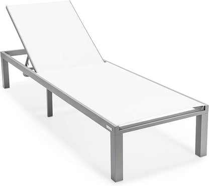 LeisureMod Marlin Aluminum Outdoor Chaise Lounge Chair (Set of 2) - Mesh Sling Fabric Seat Grey Aluminum Frame Beach, Pool Lounge Chair for Modern Patio Lawn, Garden and Backyard (White)