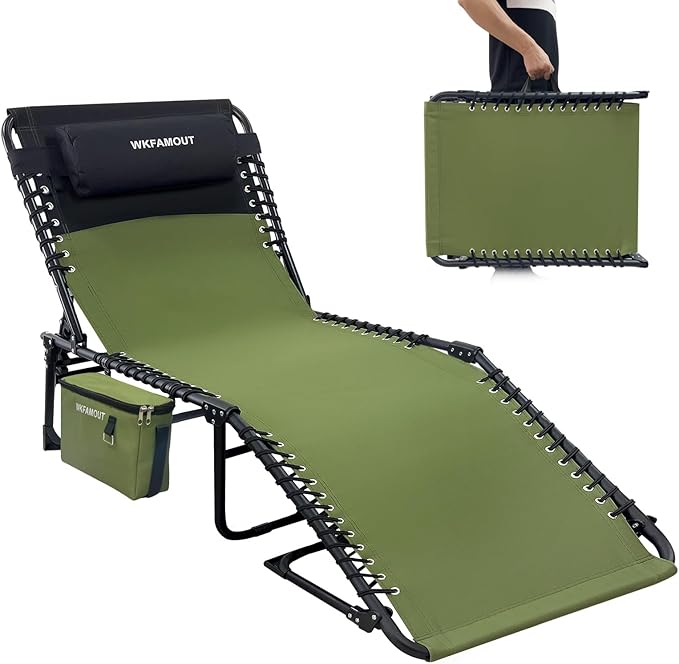 Folding Lounge Chair Outdoor with Insulated Cooler Bag Portable for Outside Patio Chaise Lounge Chair 5-Position with Pillow for Beach Sunbathing Pool Camping Lawn