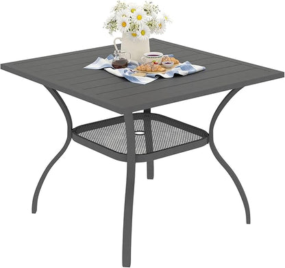 VICLLAX Outdoor Patio Dining Table for 4, Square Metal Table with Umbrella Hole and Storage Shelf for Garden, Lawn, Balcony, Deck, Dark Grey