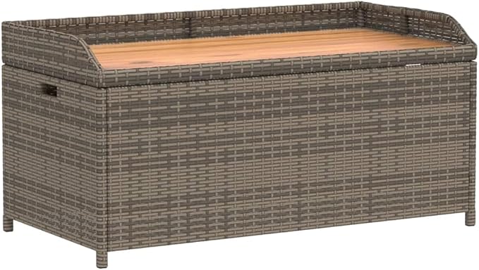 Grey and Brown Storage Bench with Gas Spring Lid, Poly Rattan and Acacia Wood, UV Resistant Water-Resistant Outdoor Indoor Seating for Patio Balcony Garden, Ample Storage