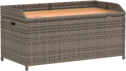 Grey and Brown Storage Bench with Gas Spring Lid, Poly Rattan and Acacia Wood, UV Resistant Water-Resistant Outdoor Indoor Seating for Patio Balcony Garden, Ample Storage