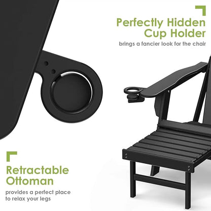 GREENVINES Adirondack-Chairs-with-Ottoman | Folding | Retractable-Footrest | HDPE Plastic | All Weather Fire Pit Chair | Cup Holders | Black | for Outdoor Poolside