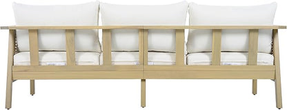 Merax Patio Acacia Wood PE Wicker 3-Seater Sofa with Waterproof Detachable Cushion, Outdoor Furniture, Light Teak Finish & Cream Cushion