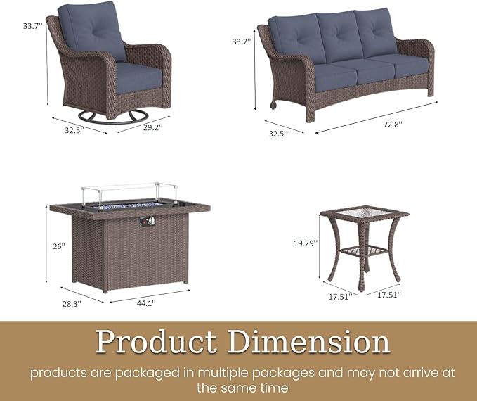 5 Piece Patio Furniture Set with Fire Pit Table, All-Weather Wicker Outdoor Conversation Set with Swivel Rocking Chair and 6 Inch Thick Cushions