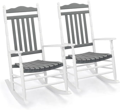 VINGLI Wooden Rocking Chair Outdoor, Patio Rockers with High Back, Support 450 LBS Rocking Chairs, for Porch, Patio, Balcony, Garden, Yard (White&Grey, 2 PCS)