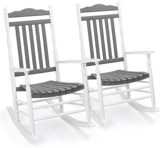 VINGLI Wooden Rocking Chair Outdoor, Patio Rockers with High Back, Support 450 LBS Rocking Chairs, for Porch, Patio, Balcony, Garden, Yard (White&Grey, 2 PCS)