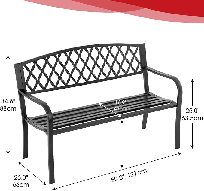 Metal Garden Bench Outdoor Park Patio Benches with Mesh Pattern Backrest Armrests for Patio Park Lawn Yard,Black