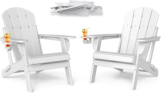 BRIOPAWS Folding-Adirondack-Chairs Set of 2 | HDPE | Fire Pit Chair | Cup Holder | Weather Resistance | White | for Outdoor Backyard Deck Patio