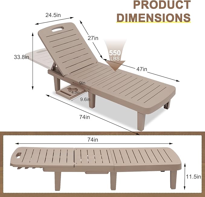 CDCASA Outdoor Chaise Lounge Set of 4, Pool Lounge Chairs w/5 Adjustable Positions & Side Tray, Waterproof Resin Lounges for Poolside,Yard, Garden, Sunbathing, for All Weather, Taupe