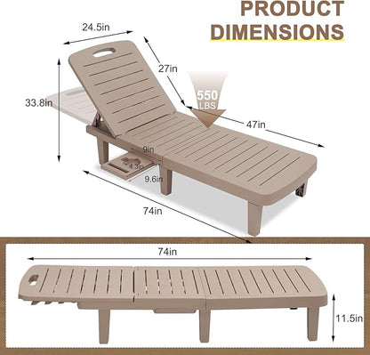CDCASA Outdoor Chaise Lounge Set of 4, Pool Lounge Chairs w/5 Adjustable Positions & Side Tray, Waterproof Resin Lounges for Poolside,Yard, Garden, Sunbathing, for All Weather, Taupe