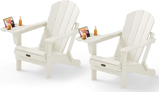 SERWALL Folding Adirondack Chair Set of 2, Adirondack Chairs with 4 in 1 Multi-Functional Cup Holder, All Weather Patio Chair with Wood Texture, Fire Pit Chairs for Outdoor, Garden, Backyard - White