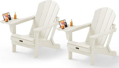 SERWALL Folding Adirondack Chair Set of 2, Adirondack Chairs with 4 in 1 Multi-Functional Cup Holder, All Weather Patio Chair with Wood Texture, Fire Pit Chairs for Outdoor, Garden, Backyard - White