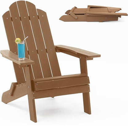 MXIMU Folding Adirondack Chair Weather Resistant Plastic Fire Pit Chairs Adorondic Plastic Outdoor Chairs for Firepit Area Seating Lifetime - Teak
