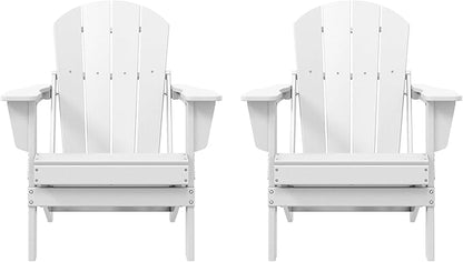Costaelm Folding Patio Chairs Set of 2, Hdpe Adirondack Chairs Front Porch Furniture Outdoor Seating, All Weather Tanning Chair for Backyard Firepit Garden Lawn, White