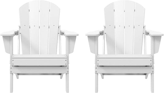 Costaelm Folding Patio Chairs Set of 2, Hdpe Adirondack Chairs Front Porch Furniture Outdoor Seating, All Weather Tanning Chair for Backyard Firepit Garden Lawn, White