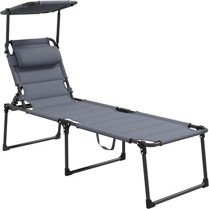 3-in-1 Oversized Sun Tanning Chair with Mat & Face Hole, Heavy Duty Folding Chaise Lounge - 5-Position Adjustable Outdoor Chair for Beach, Pool, Patio, Lawn, Yard - Includes Pillow (Gray 3)