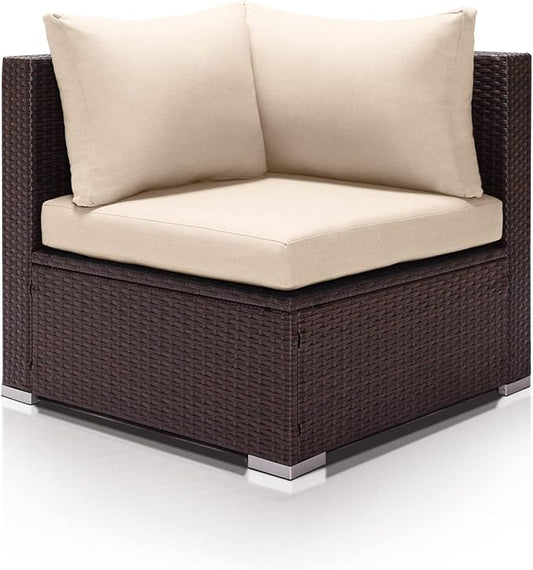 NICESOUL 29.3" High-Back Modern Luxury Patio Corner Sofa, Outdoor Furniture Piece Wide Deep Seat, All-Weather Wicker Modular Sectional Seating for Backyard, Deck, Sunroom, Brown Rattan & Beige Cushion