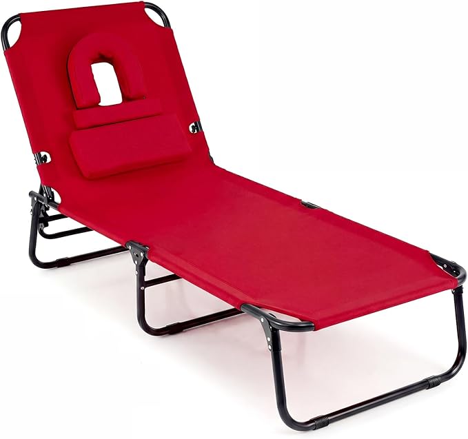COSTWAY Tanning Chair with Face Hole, Pillows & Adjustable Backrest, Portable with Carrying Bag, Folding Beach Chaise Lounge for Sunbathing, Seaside (1, Red)
