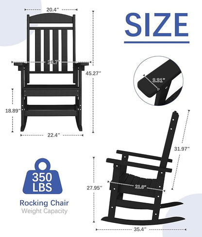 FOOWIN 3-Piece Outdoor Rocking Chairs Set, High Back Patio Rocker with Side Table, HDPE All Weather Resistant Oversized Rocking Chairs for Indoors, Porch, Patio, Backyard, Black (Black, 3-Set)