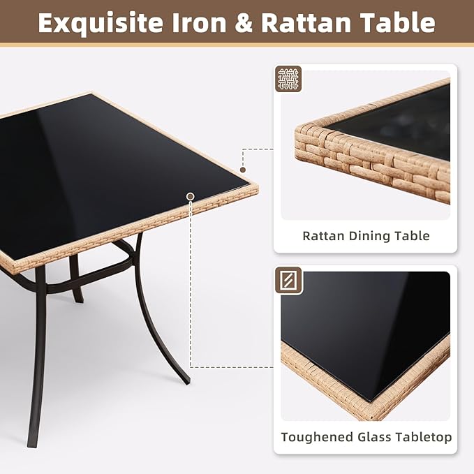 ECOTOUGE 35.2" Square Patio Table, Outdoor Wicker Dining Desk with Tempered Glass Top for 4-5 Persons, Bistro Rattan Furniture Garden Table for Balcony, Backyard, and Sunroom - Black Metal Steel Slat