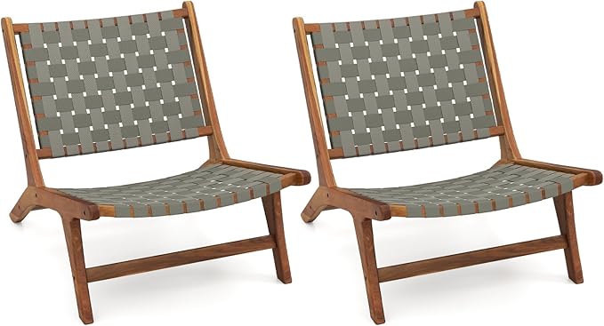 Tangkula Patio Teak Wood Chair Set of 2, Outdoor Mid-Century Accent Chair with Nylon Webbing Seat & Back, for Backyard, Porch, Balcony or Poolside