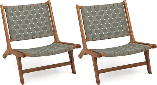 Tangkula Patio Teak Wood Chair Set of 2, Outdoor Mid-Century Accent Chair with Nylon Webbing Seat & Back, for Backyard, Porch, Balcony or Poolside