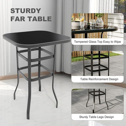 31.5 Inch Outdoor Patio Bar Table with Tempered Glass Top, Square High Top Pub Table All Weather Metal Frame for Balcony, Backyard, Poolside, Garden Furniture
