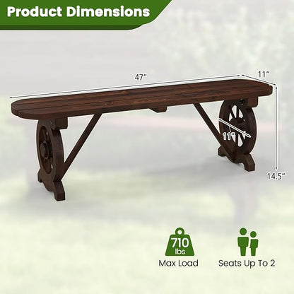 Tangkula Patio Rustic Wood Bench, Carbonized Wood Long Bench with Wagon Wheel Base, Slatted Seat Design, 2-Seat Dining Bench for Garden, Backyard, Porch, 710 LBS Max Load