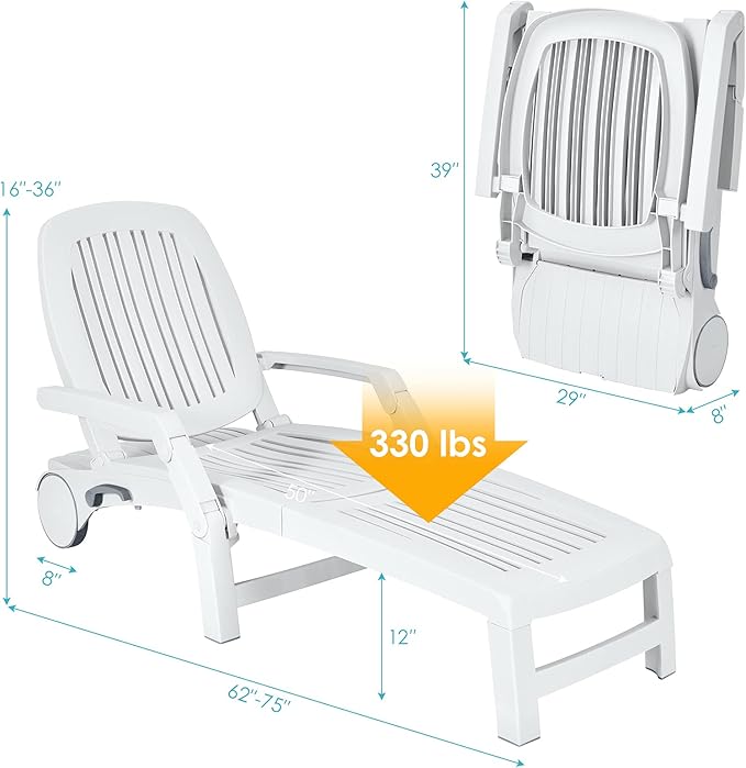Tangkula Outdoor Chaise Lounge Chair, 5-Position Adjustable Recliner with Storage Box and Flexible Wheels - Photo 3