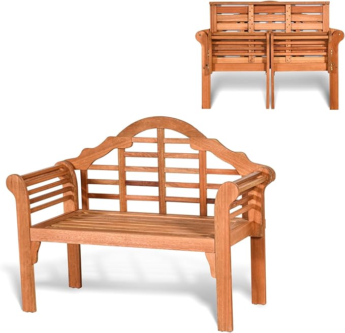 COSTWAY Folding Wooden Bench Outdoor, Crown-Like High Backrest, Patio Eucalyptus Wood Bench for Garden, Park & Porch - Photo 1
