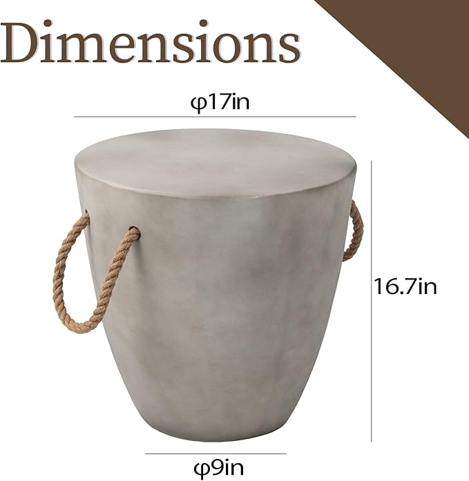COSIEST Outdoor Shaped Side Table with Concrete Top & Hemp Rope Handles, 17'' Patio Accent Table for Garden - Photo 3