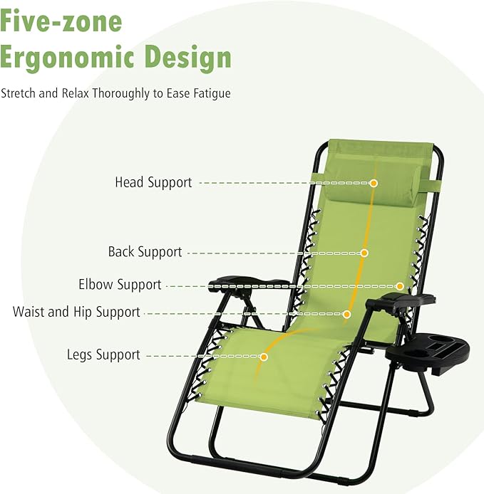 Tangkula Set of 2 Zero Gravity Chair, Folding Patio Lounge Chair Adjustable Outdoor Recliner with Cup Holder, Wide Armrest for Patio Garden Poolside Outdoor Yard Beach, Support 350 lbs (2, Green)