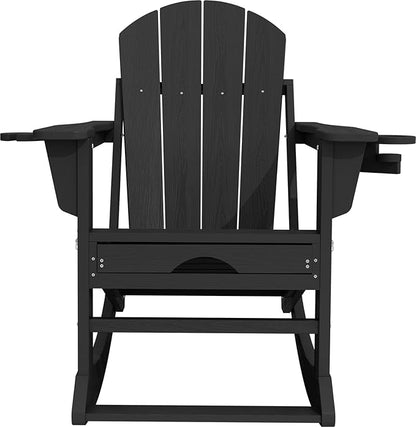 KINGYES Adirondack Rocking Chair Set of 4 with Retractable Ottoman and Cup Holders, HDPE Adirondack Rocker Patio Rocking Chair for Porch, Patio, Balcony, Black