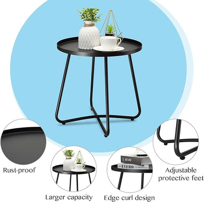 danpinera Outdoor Side Tables, Weather Resistant Steel Patio Side Table, Small Round Outdoor End Table Metal Side Table for Patio Yard Balcony Garden Bedside Black, Set of 2