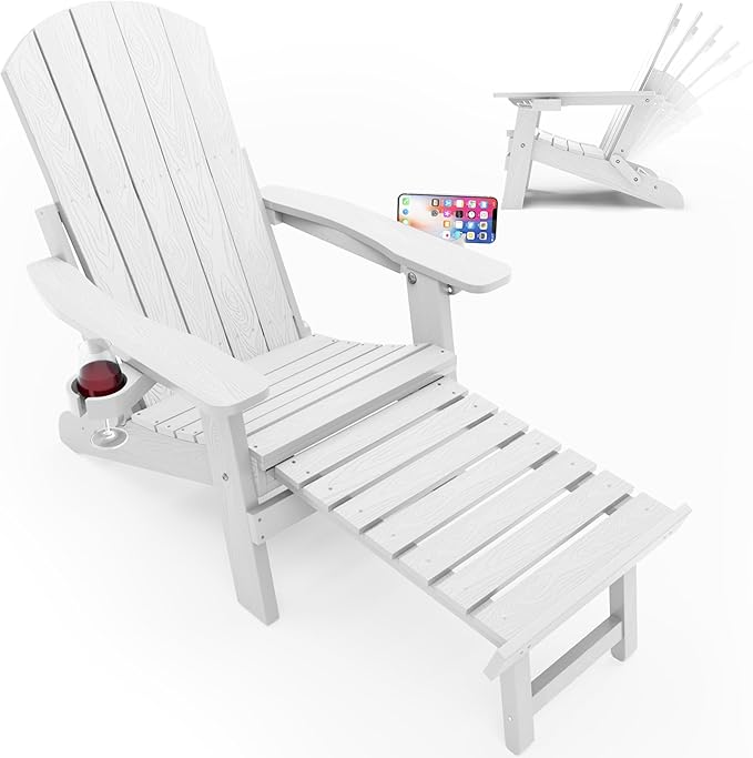 YEFU Folding Adirondack Chair with Footrest,Adjustable Adirondack Chair with Retractable Ottoman & 2 Cup Holder, 5-Level Adjustable Adirondacks Chairs, for Outdoor, Pool, Patio, Fire Pit (White)
