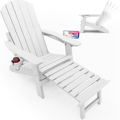 YEFU Folding Adirondack Chair with Footrest,Adjustable Adirondack Chair with Retractable Ottoman & 2 Cup Holder, 5-Level Adjustable Adirondacks Chairs, for Outdoor, Pool, Patio, Fire Pit (White)