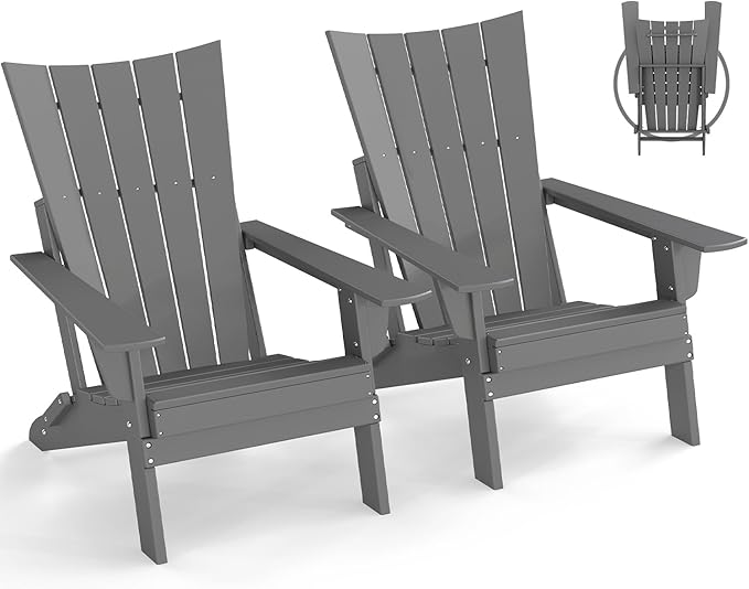 GREENVINES Folding-Adirondack-Chairs-Set-of-2 | HDPE Plastic | Arch Series | Fire Pit Chair | All Weather | for Outdoor Patio Deck Backyard Poolside | Grey