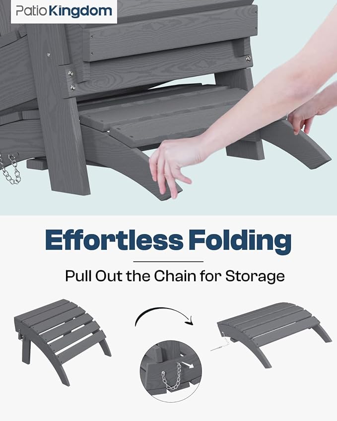 Folding Adirondack Ottoman Footrest, HDPE Plastic Outdoor Footstool No Assembly Required, All-Weather Foldable Ottoman for Adirondack Chair, Patio, Lawn, Garden, Deck, Poolside, Fire Pit, Gray