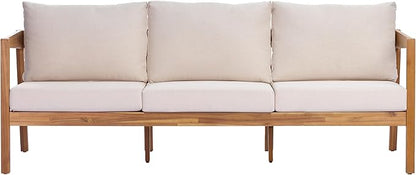 Merax 5 Piece Acacia Wood Patio Furniture Set, 3-Seater Sofa, 2 Chairs & Coffee Table with Light Grey Water-Repellent Cushions, Teak Finish, Teak+Beige