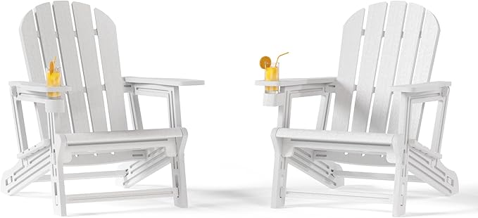 Costaelm Cayman Hardware-Free Assembly Outdoor Patio HDPE Poly Plastic Adirondack Chair with Cup Holder (Set of 2), White