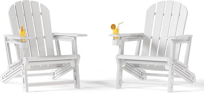 Costaelm Cayman Hardware-Free Assembly Outdoor Patio HDPE Poly Plastic Adirondack Chair with Cup Holder (Set of 2), White