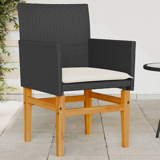 Patio Chairs with Cushions 2 pcs Black Poly Rattan&Solid Wood Sillas para Patio Lawn Chairs for Dining Table Garden - Photo 1