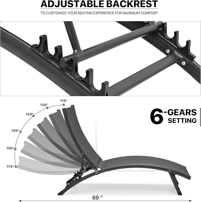 MoNiBloom Outdoor Chaise Lounge Set of 3, Black Aluminum Frame Adjustable Lounge Chairs with Folding Side Table, Breathable All Weather Wavy Sun Lounger for Reading and Sunbathing, 350 Lbs Capacity