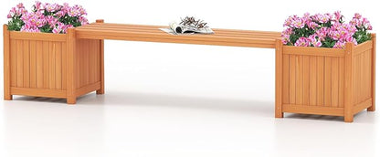Giantex 2-in-1 Outdoor Bench with 2 Raised Garden Beds, Wood with Teak Oil Finish, Garden Bench Seat with Planter Boxes for Porch Balcony Lawn Yard, DIY Assembly, Orange
