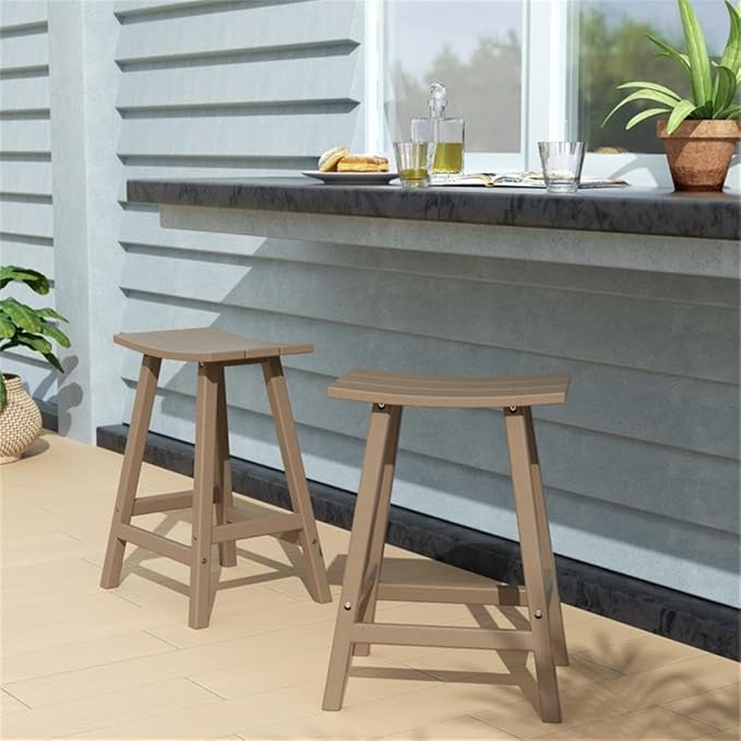 Costaelm All-Weather Bar Stools Set of 2, 24" Height Outdoor Bar Stools, Adirondack Poly Patio Bar Stool for Patio, Deck, Kitchen Counter and Garden, Weathered Wood