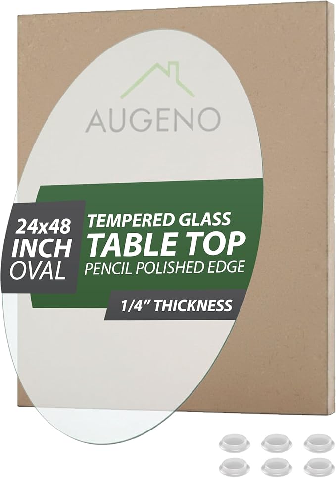 24x48 inch Oval 1/4" Thick Pencil Polished Edge Glass Table Top with 6 Bumpers - Tempered - Photo 1