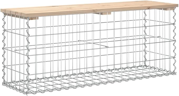 Gabion Design Garden Bench, Natural Solid Pine Wood & Galvanized Steel Outdoor Seating for Patio, Weatherproof Front Porch Furniture