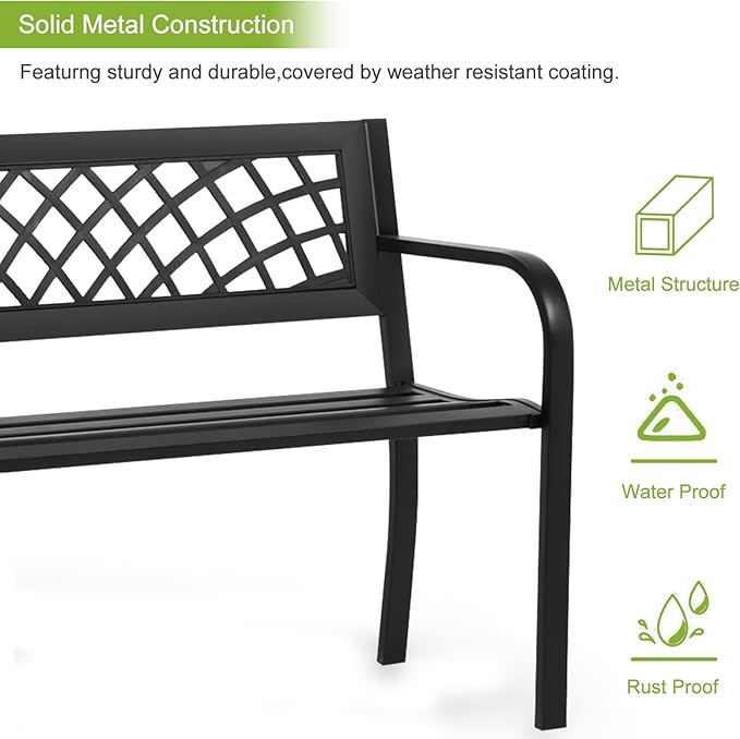 BSTOPHKL Outdoor Bench, Patio Garden Bench for Outside Steel Frame Patio Metal Bench for Porch, Lawn, Balcony, Backyard, Poolside, Outside Decor Furniture, Black