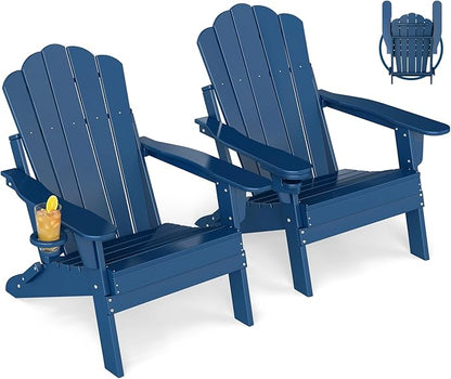 GREENVINES Oversized-Folding-Adirondack-Chairs-Set-of-2 | HDPE Plastic | Cup Holder | Fire Pit Chair | All Weather | for Outdoor Deck Backyard | Blue