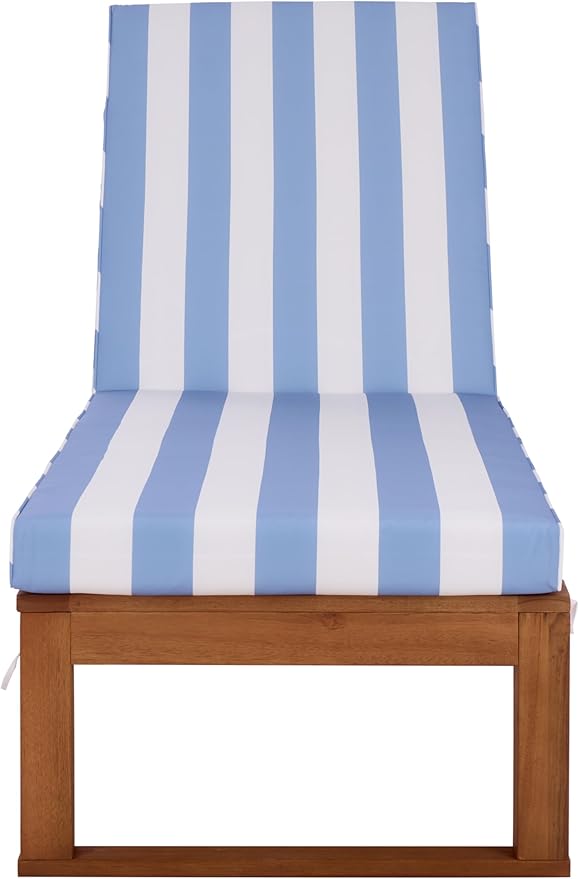 SAFAVIEH Outdoor Patio Furniture Collection - Sophie Natural Brown Solid Wood Chaise Lounge Chair, Adjustable Reclining, Baby Blue Stripe Cushion (PAT7101U)